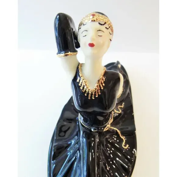 Art Deco LADY DANCER FIGURINE Black Porcelain 24K Gold Accent Split Ballet Pose